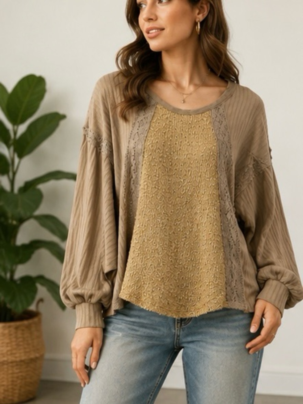 POL Mocha Beige Textured Lace Panel Boho Top Size Medium NWOT